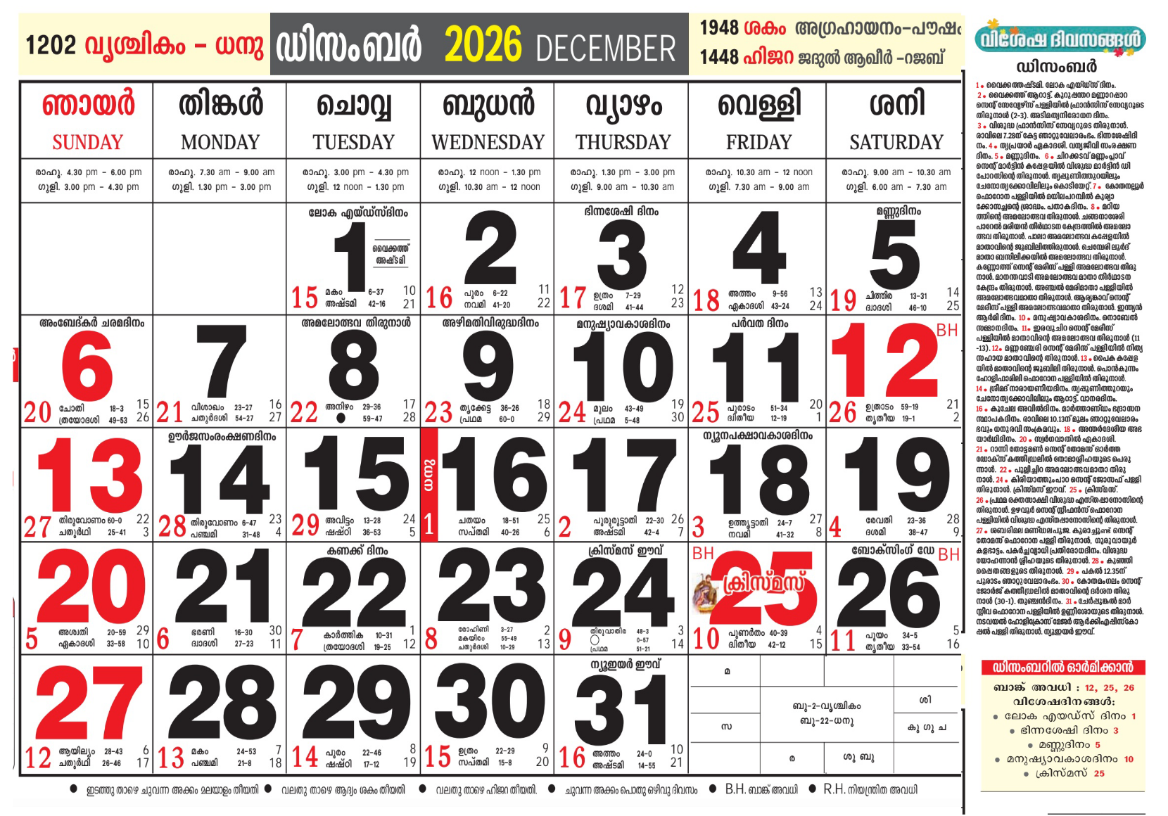 december 2026 malayalam calendar image